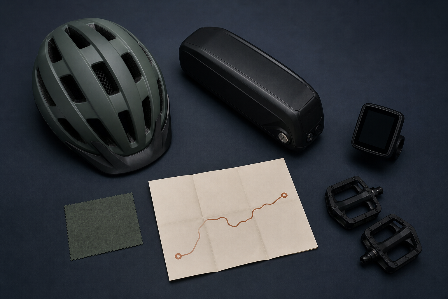 Illustrative E-Bike-Auswahlhilfe mit Fahrradhelm, Akku, Display, Pedalen und Streckenkarte